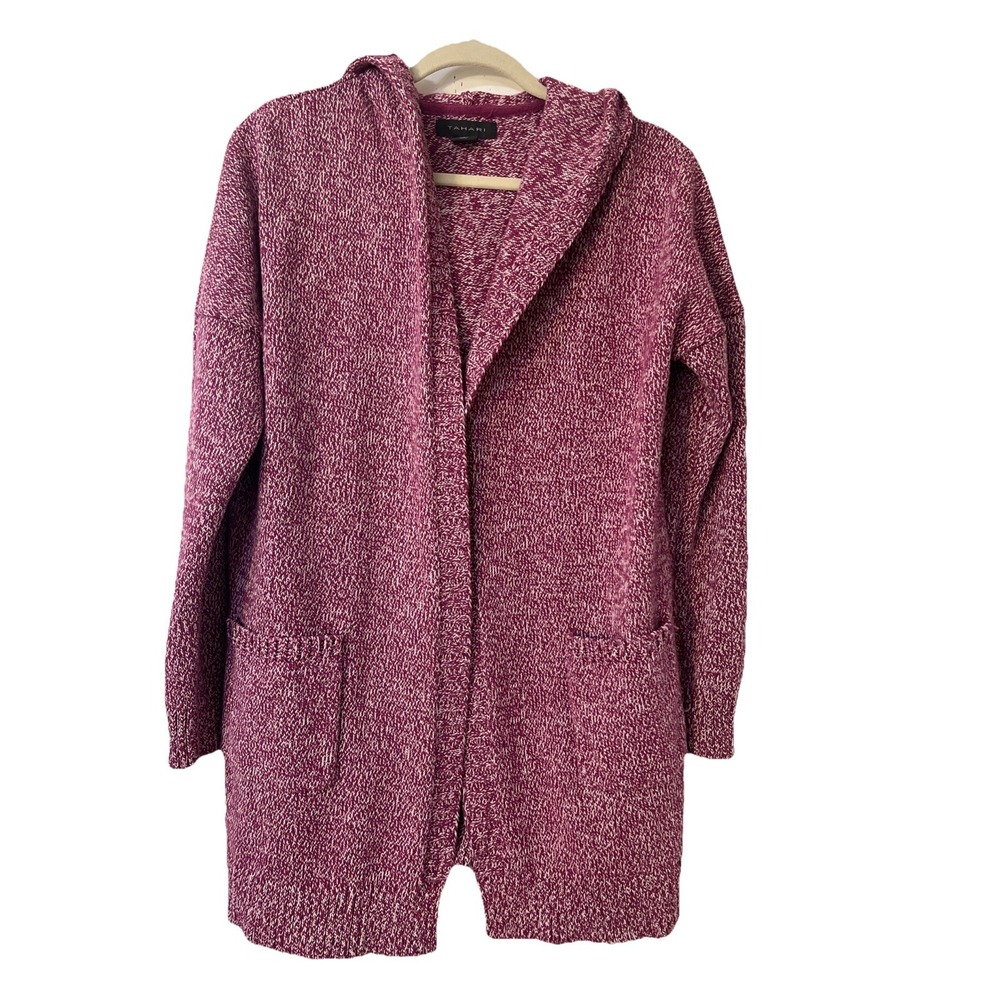 Tahari Open Heavy Chunky Knit Cardigan Hoodie Size XL Purple Pockets Warm Boho